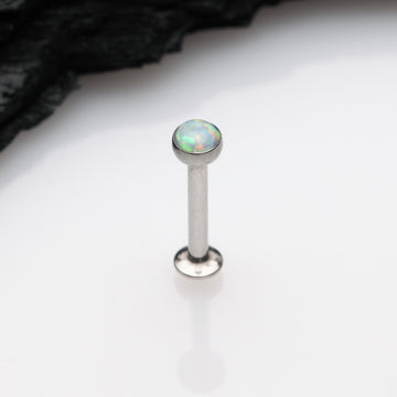 Detail View 1 of Fire Opal Bezel Set Top Threadless Push-In Steel Labret-White Opal